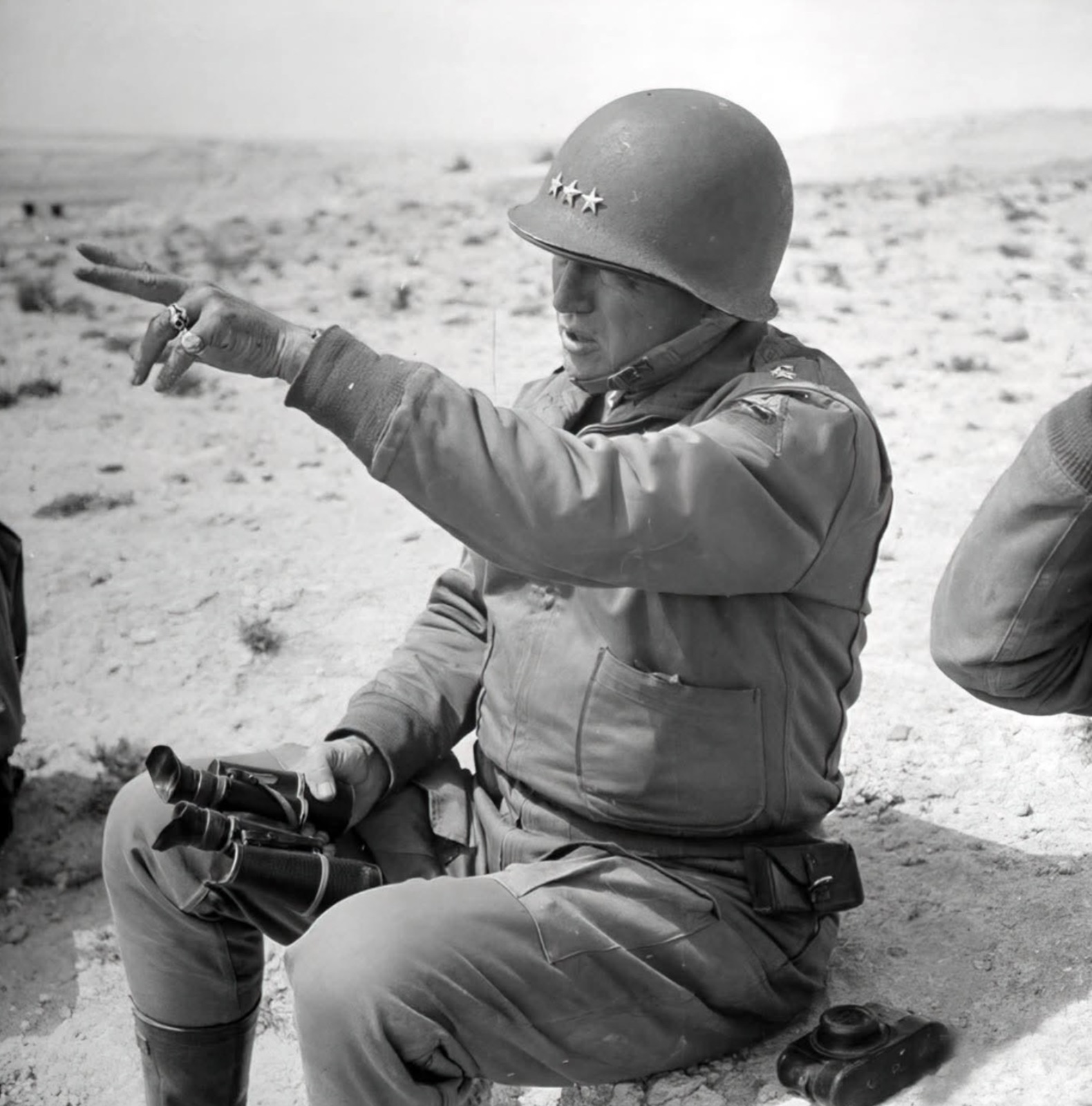 General George S Patton arriving in Djebel Kouif, Tunisa, North Africa, 1943. 